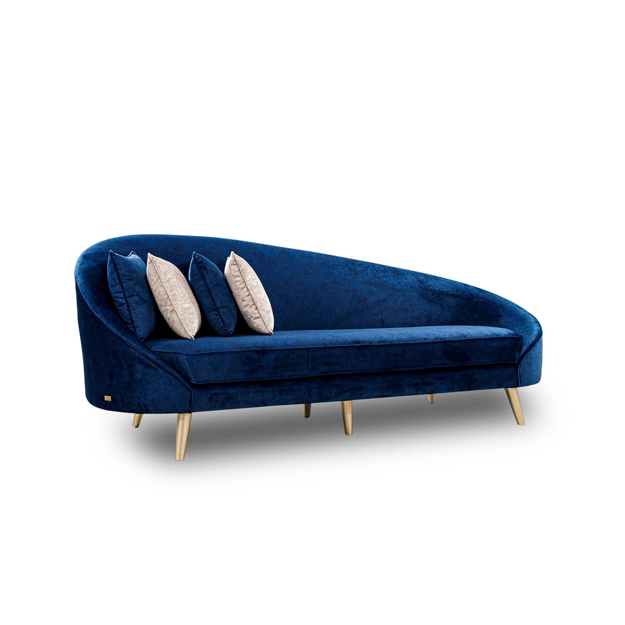 Blue velvet sofa with beige cushions on a white background