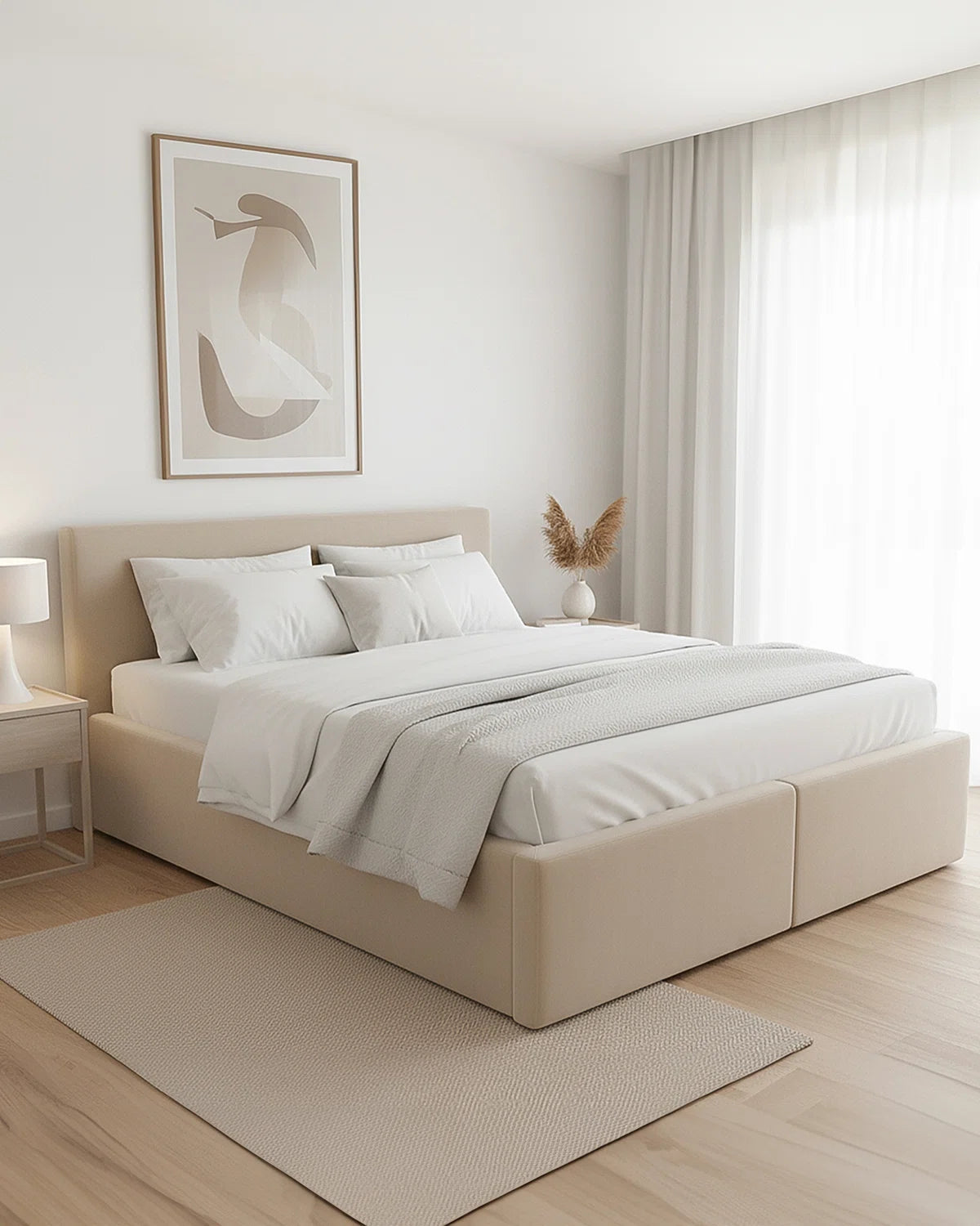 Beige bed in a modern bedroom with light decor