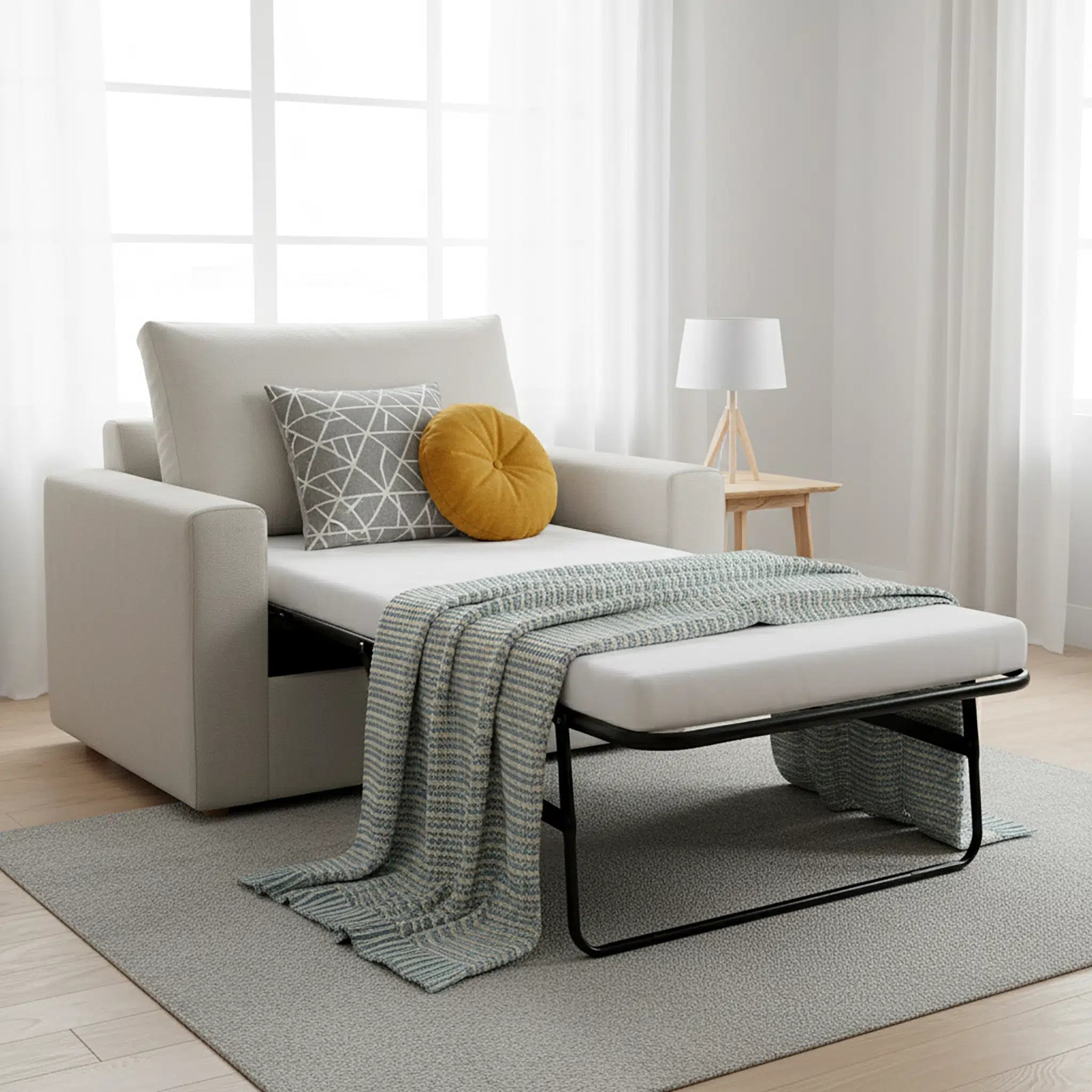 Sofa bed with pillows and a blanket in a modern living room.