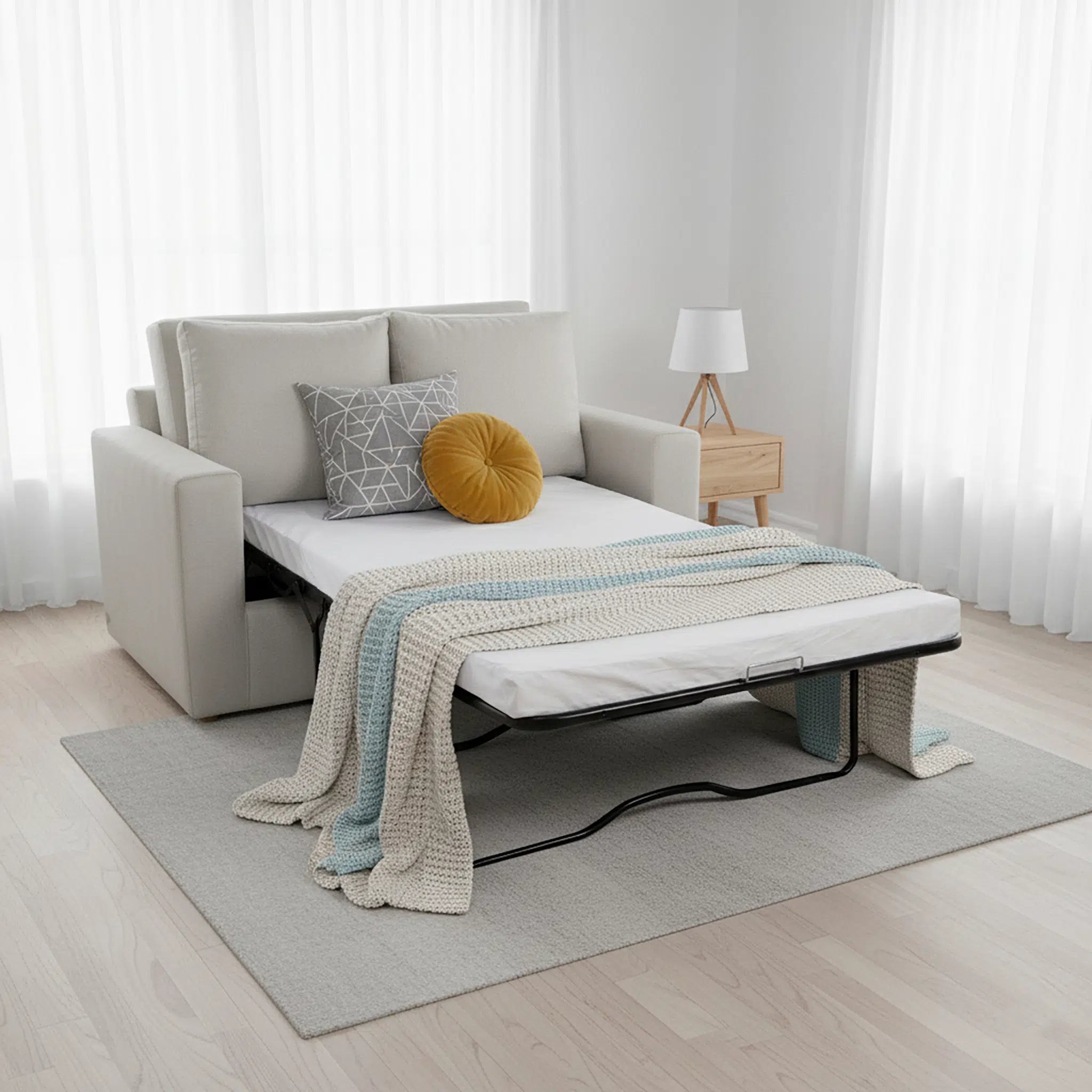 Gray sofa bed with white mattress extended in a room with light gray walls and wooden floor.