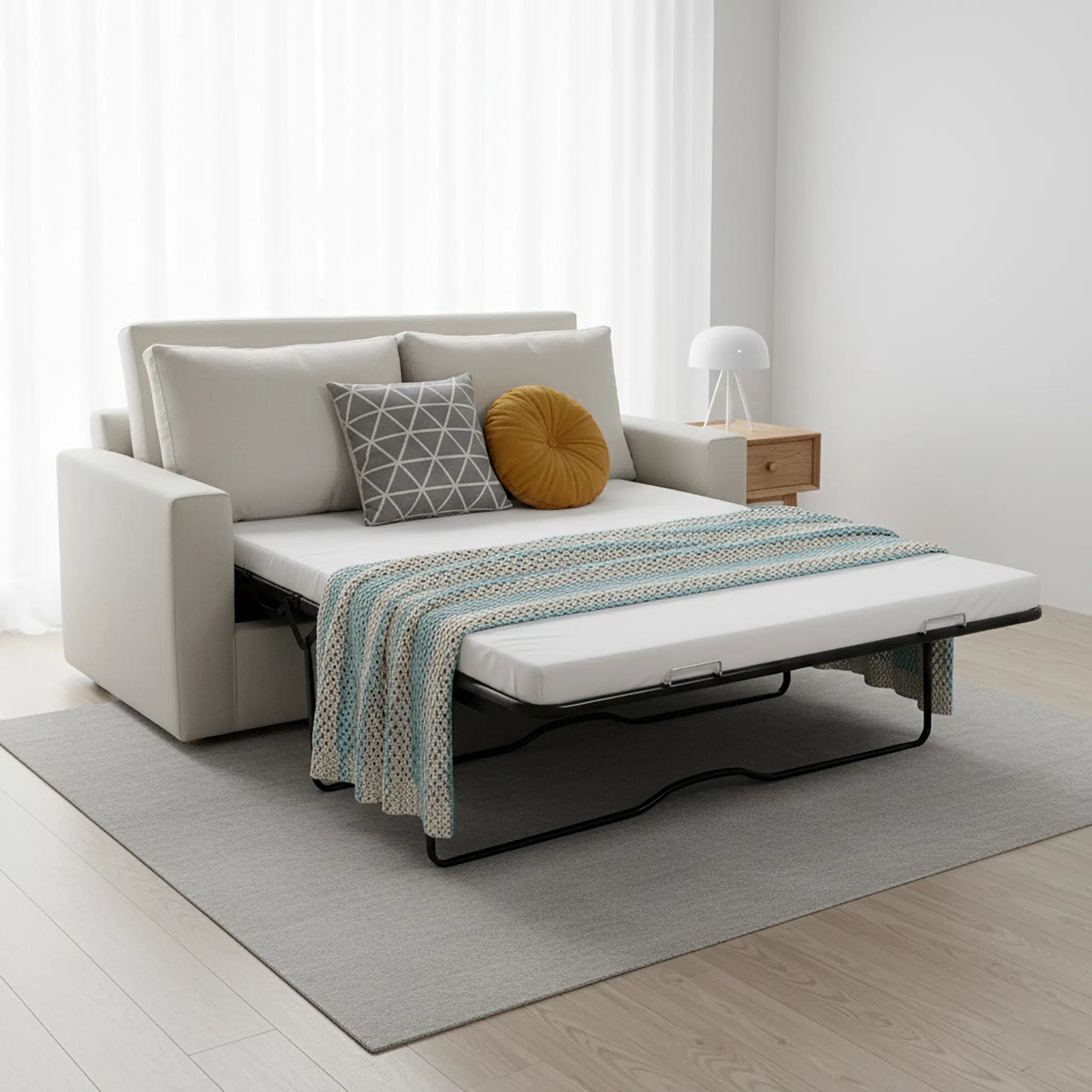 Sofa bed with white mattress, gray cushions, and a yellow pillow in a room with light wood flooring and white walls.
