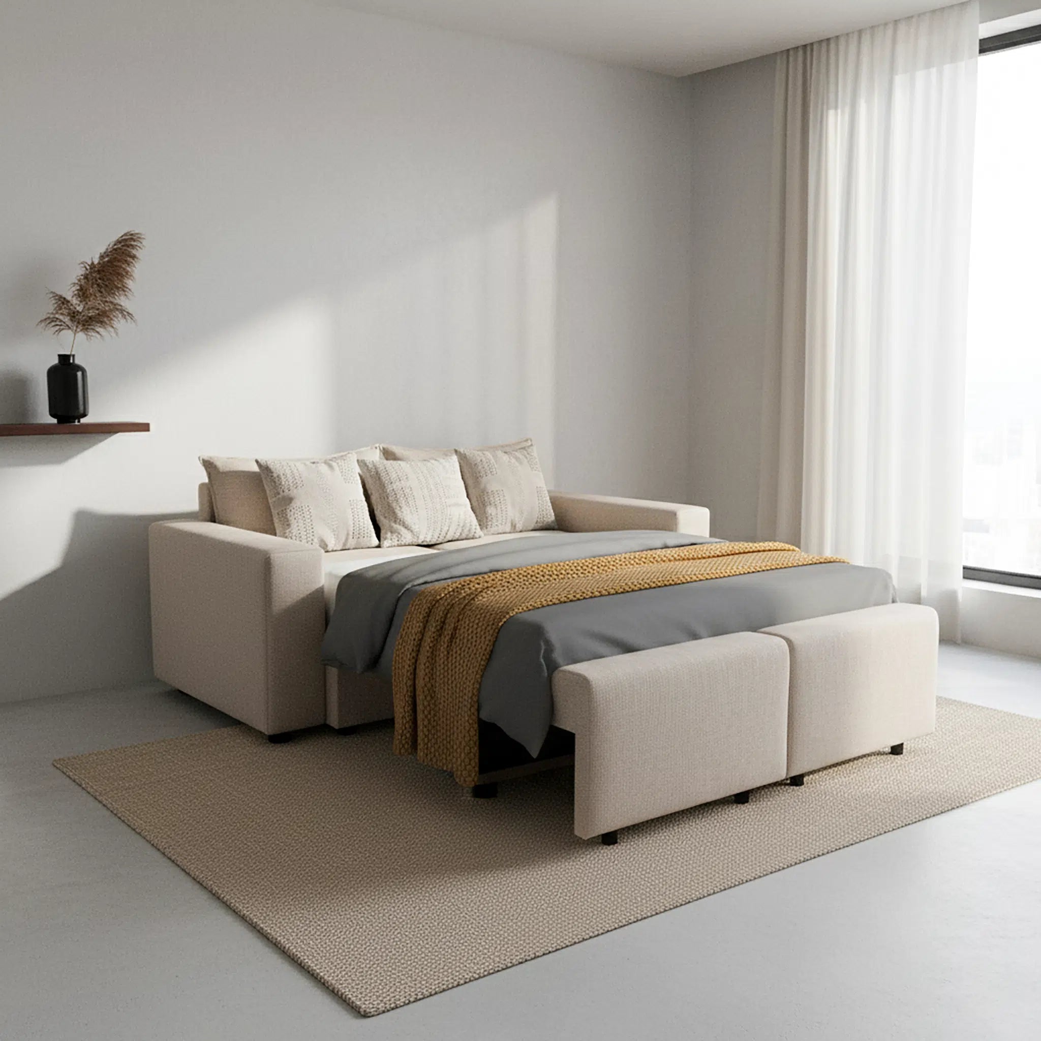 Beige sectional sofa with ottoman in a modern living room setting