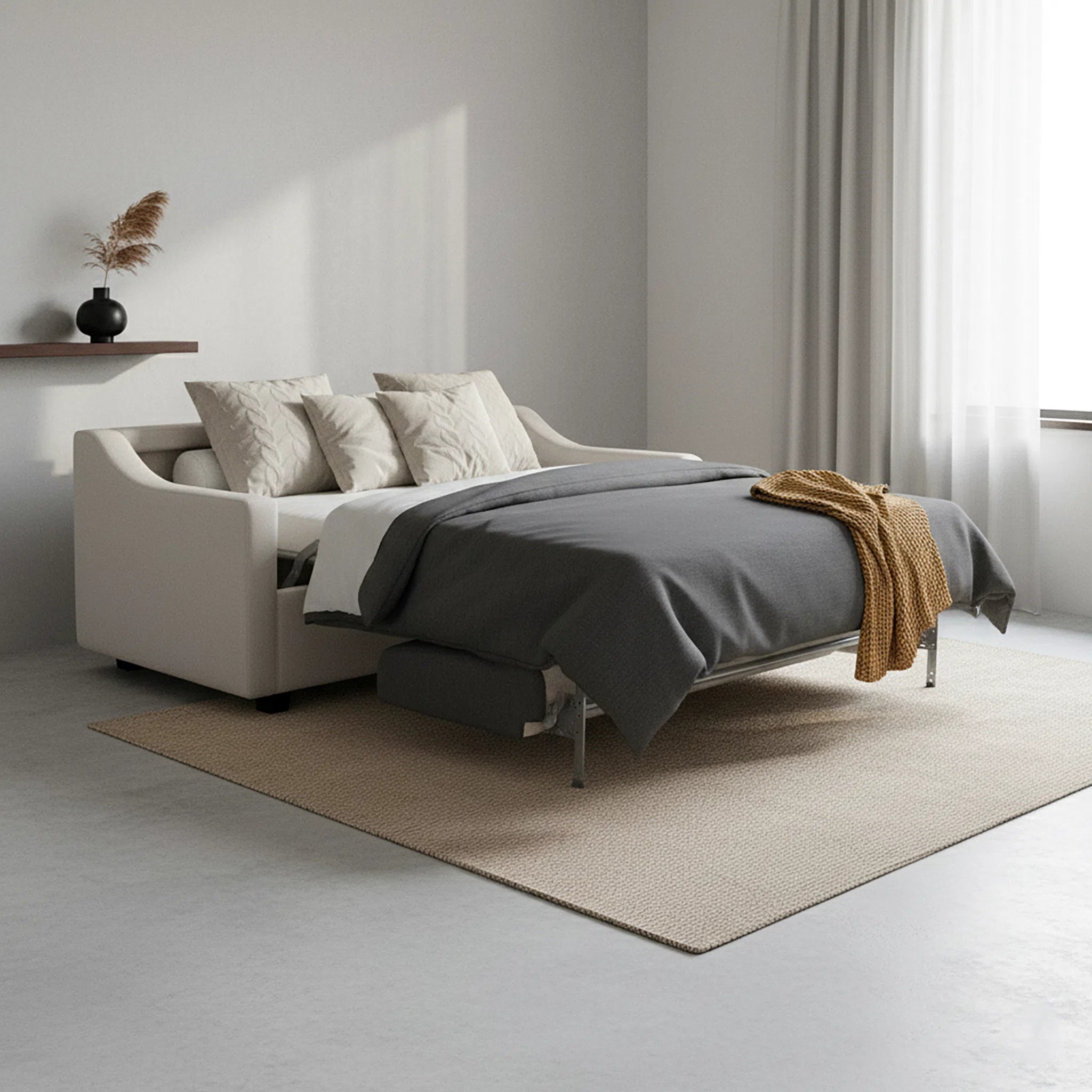 Modern bedroom with a bed and decorative pillows in a minimalistic setting.