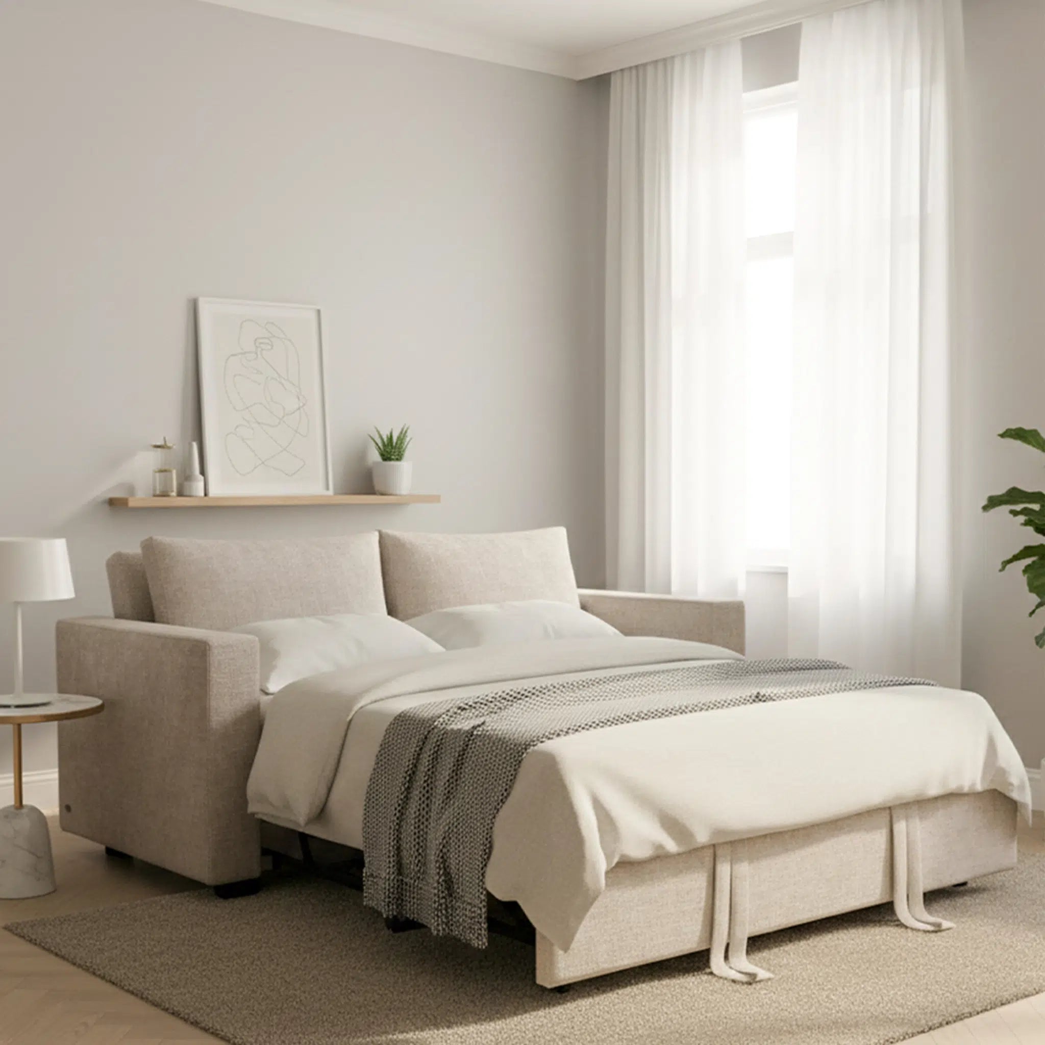 Beige sofa bed in a modern living room with neutral decor.
