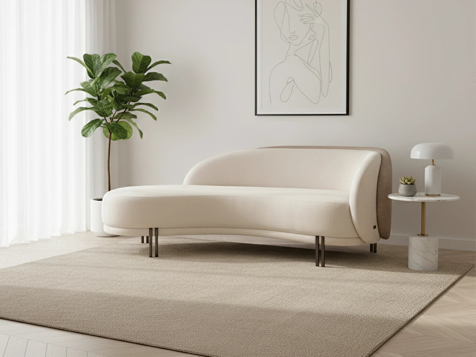 Modern white sofa in a minimalistic living room with a plant and side table.