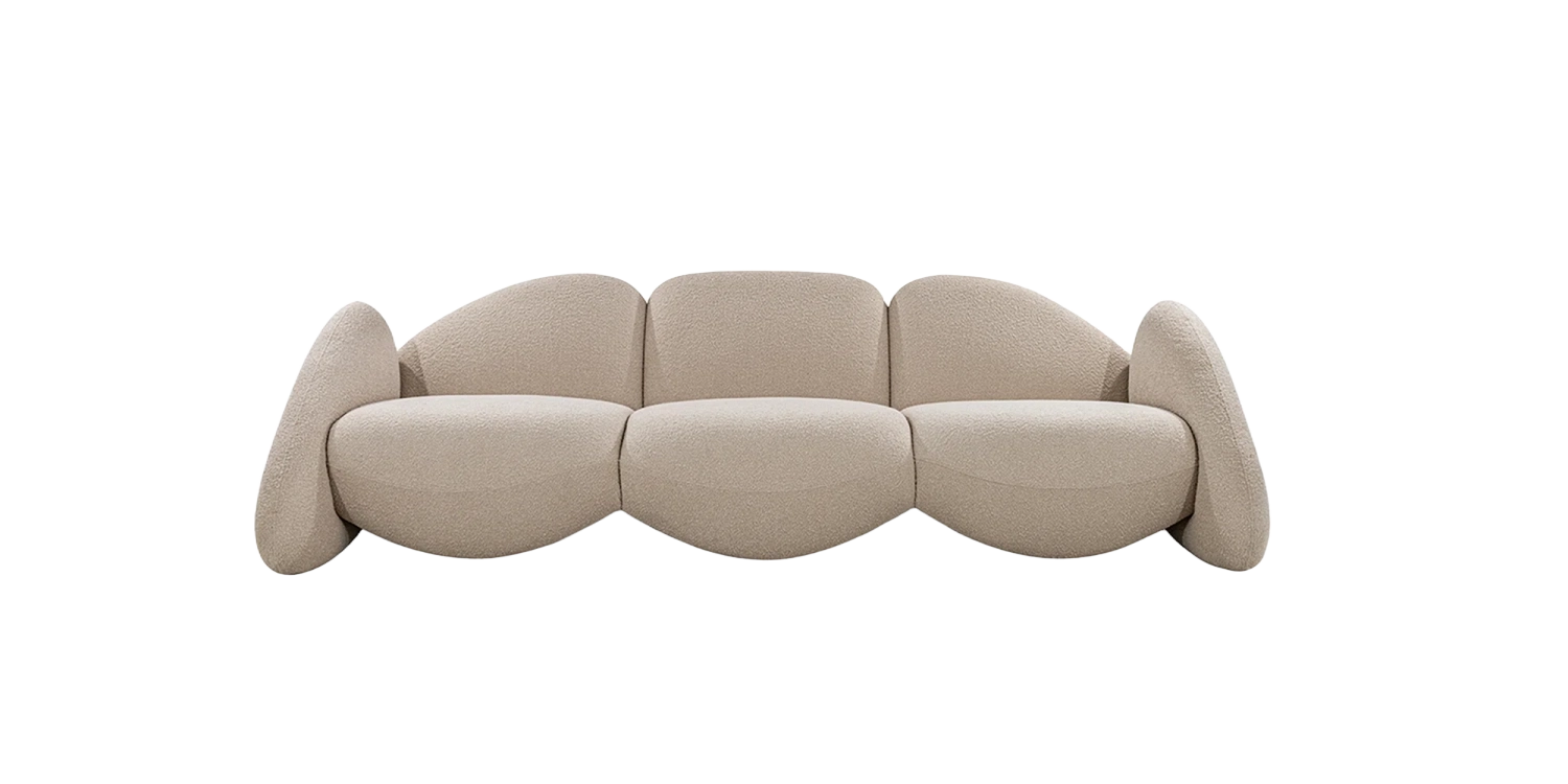 Beige sofa with a unique, modern design on a white background