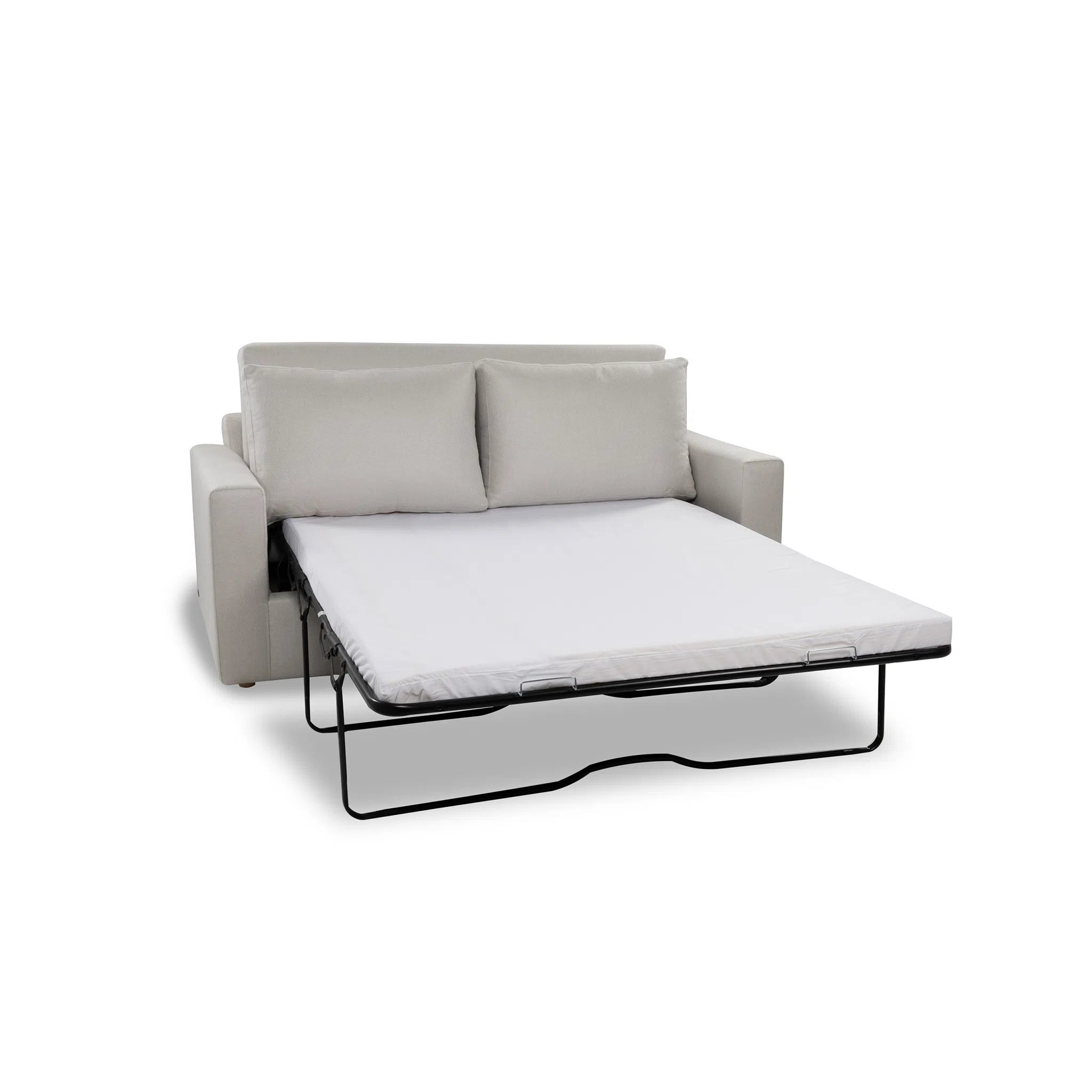 Gray sofa bed with a white mattress on a white background
