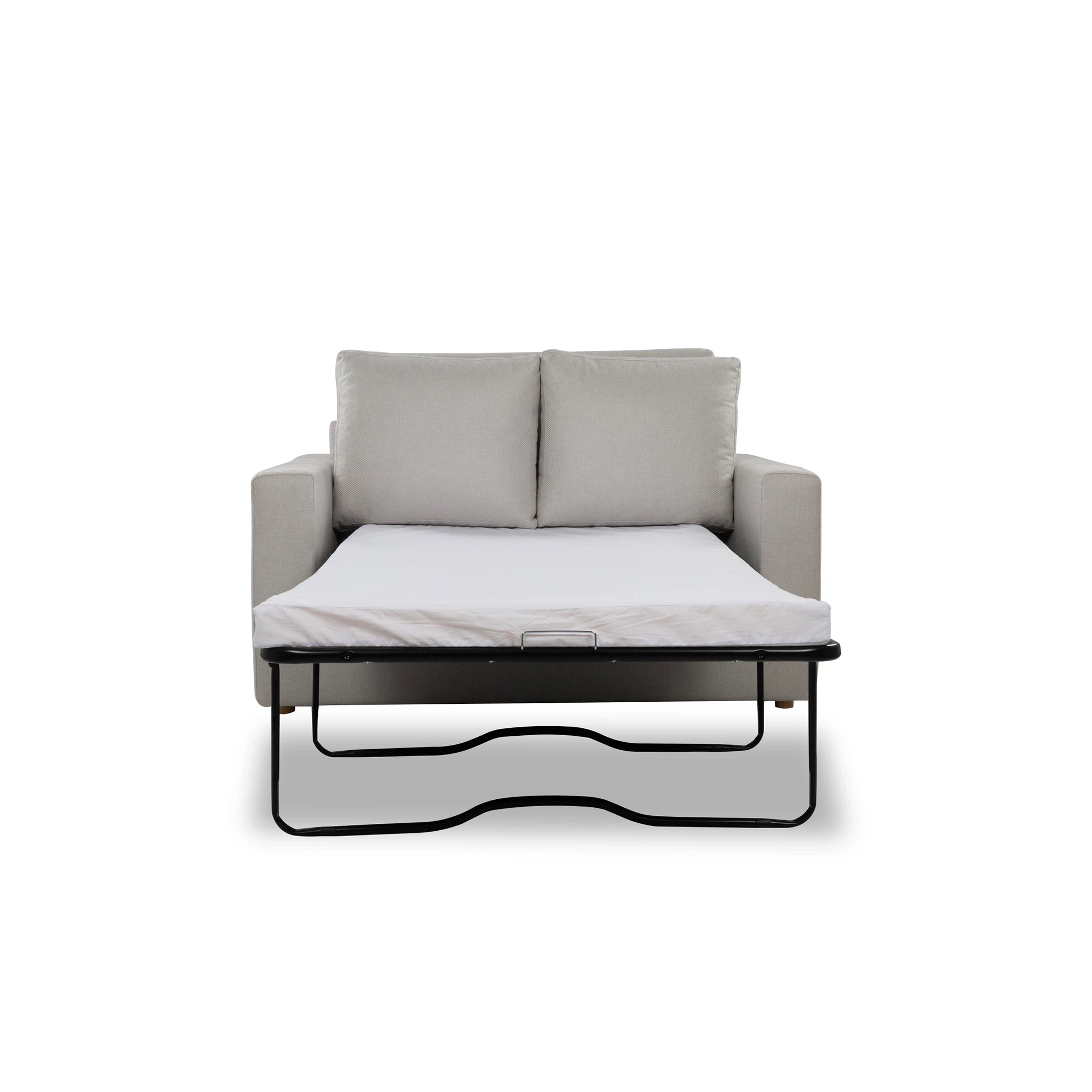 Gray sofa bed with a white mattress on a white background