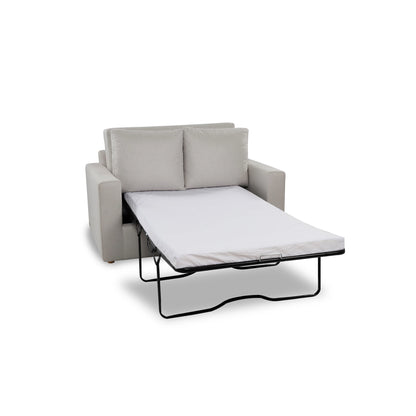 Gray sofa bed with a mattress extended on a white background