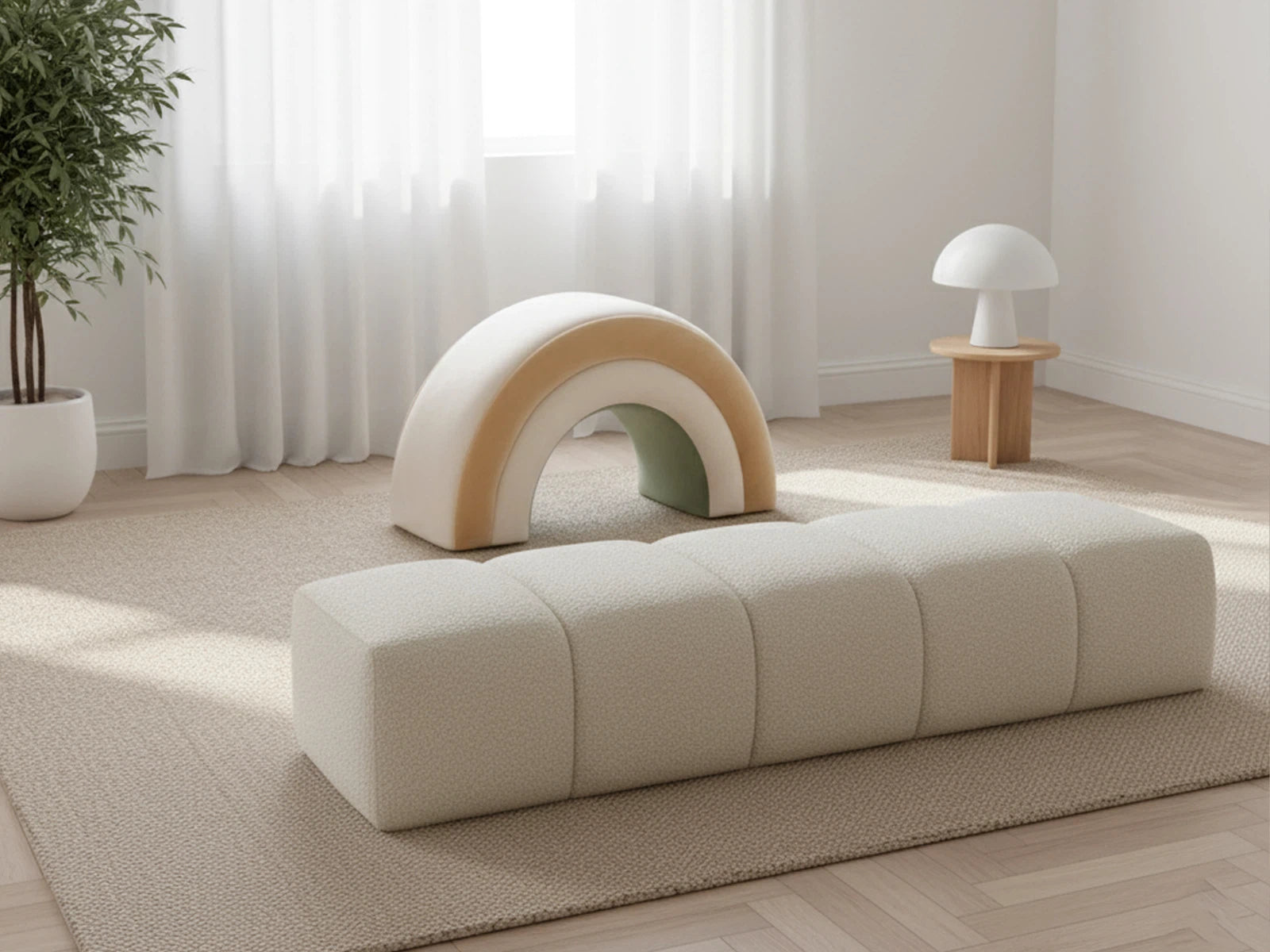Modern room with a unique bench and arch-shaped object on a rug.