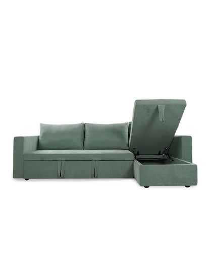 Green sectional sofa with storage compartment on a white background