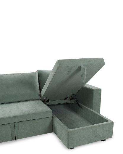 Green sectional sofa with storage compartment on a white background