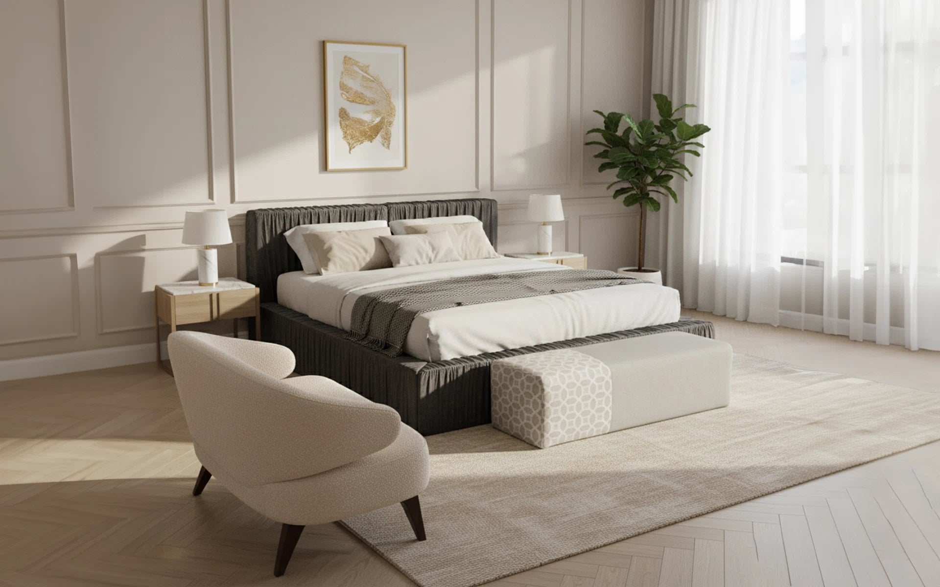 Modern bedroom with a bed, armchair, and side table.