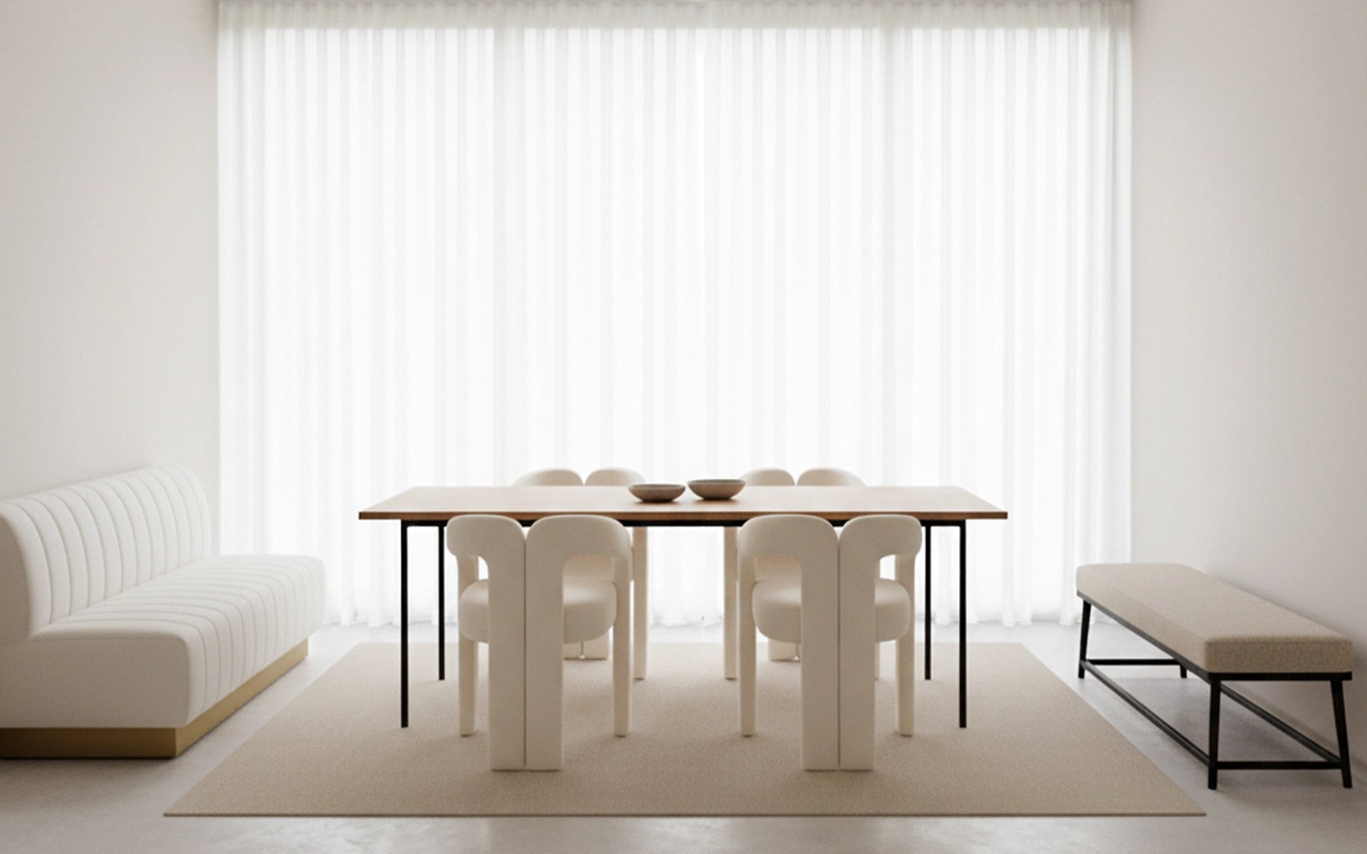 Modern dining room with a table and chairs in a minimalistic setting